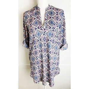 Lush • Blue Pink Patterned Split Neck Blouse
